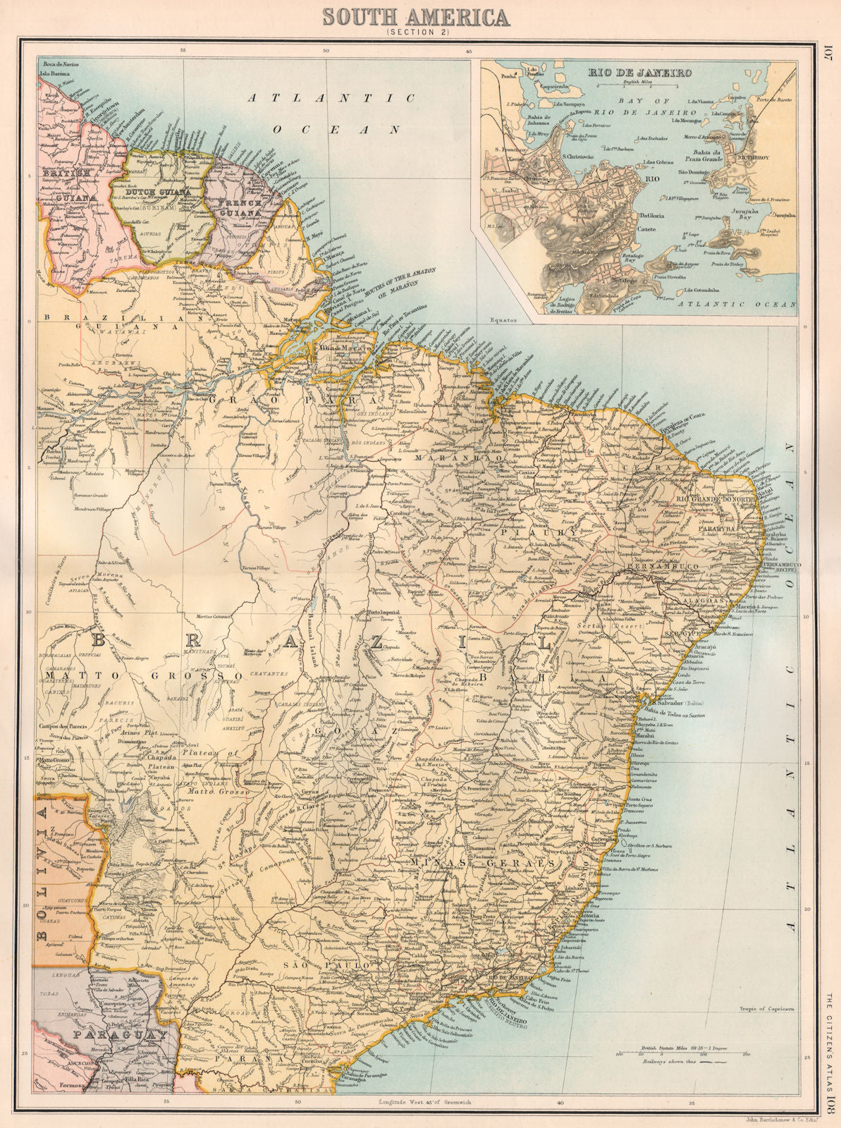 SOUTH AMERICA NE. Brazil. Guyana. inset Rio de Janeiro. BARTHOLOMEW 1898 map